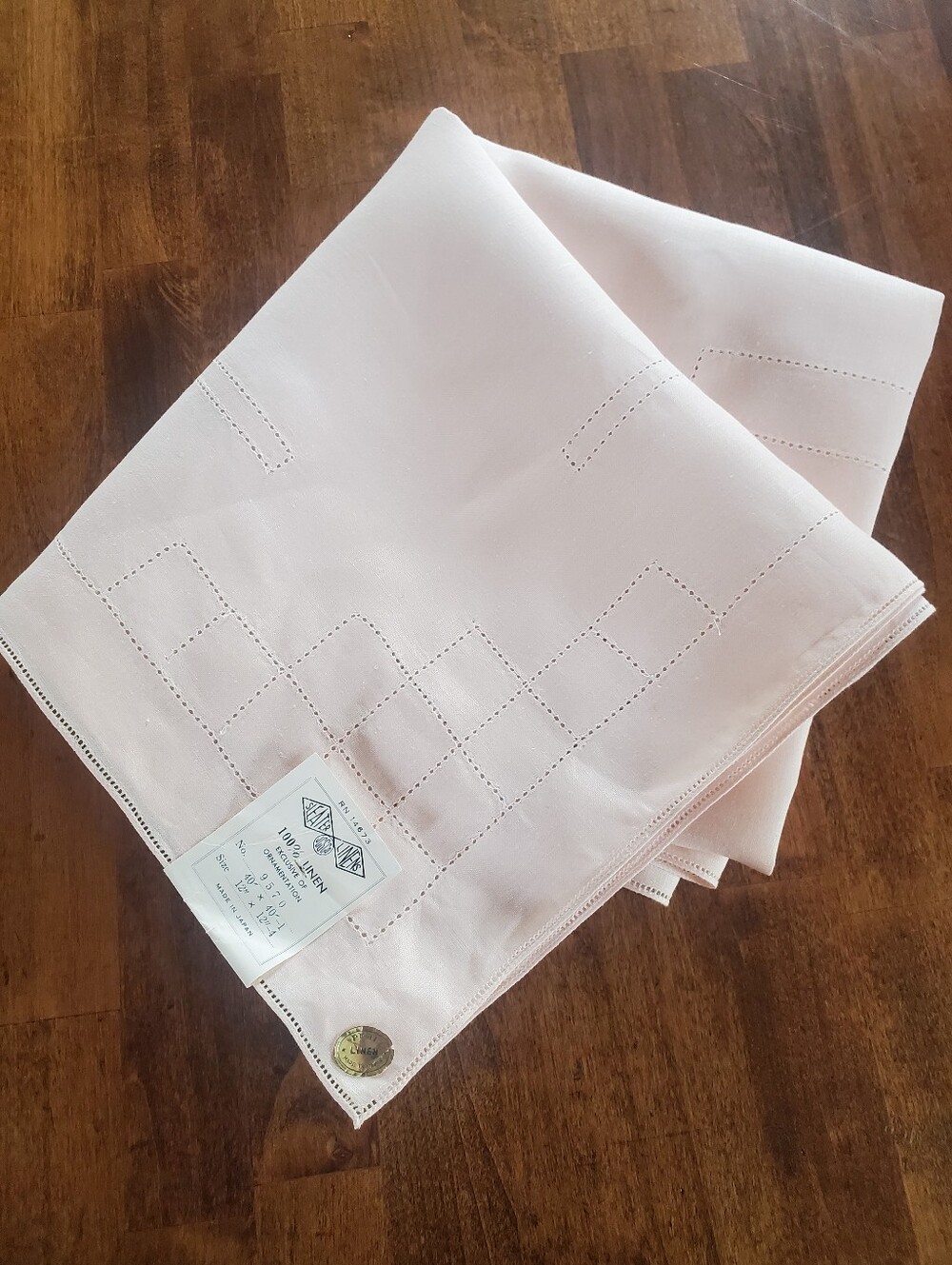 Vintage Pale Pink Open Work Hemstitched Linen Tablecloth 40" Square